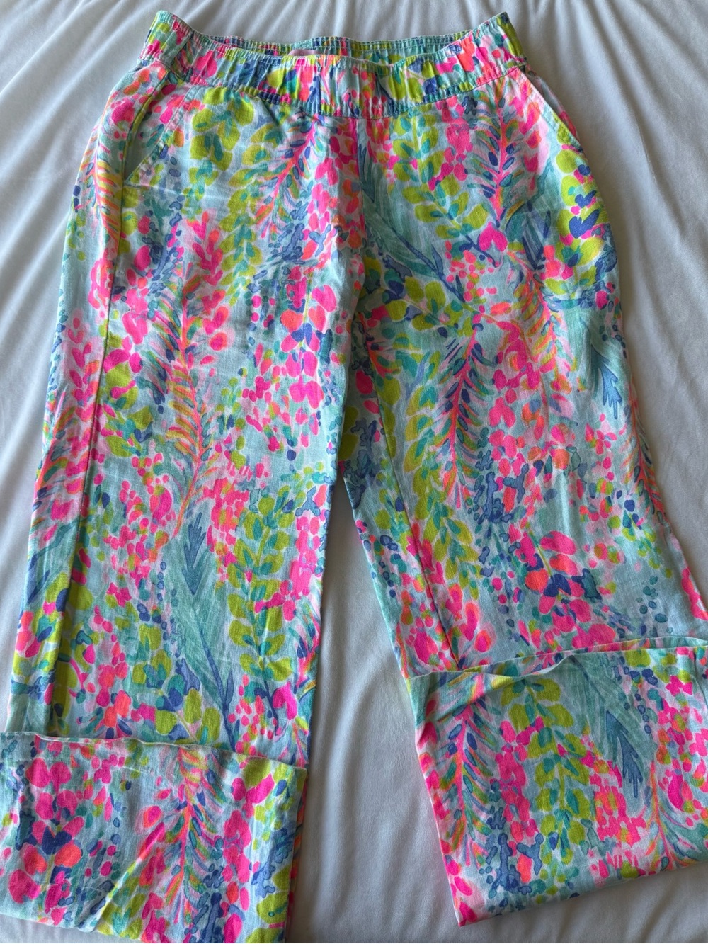 Lilly Pulitzer linen pants XS Catch the wave pull on Florita pocket elastic